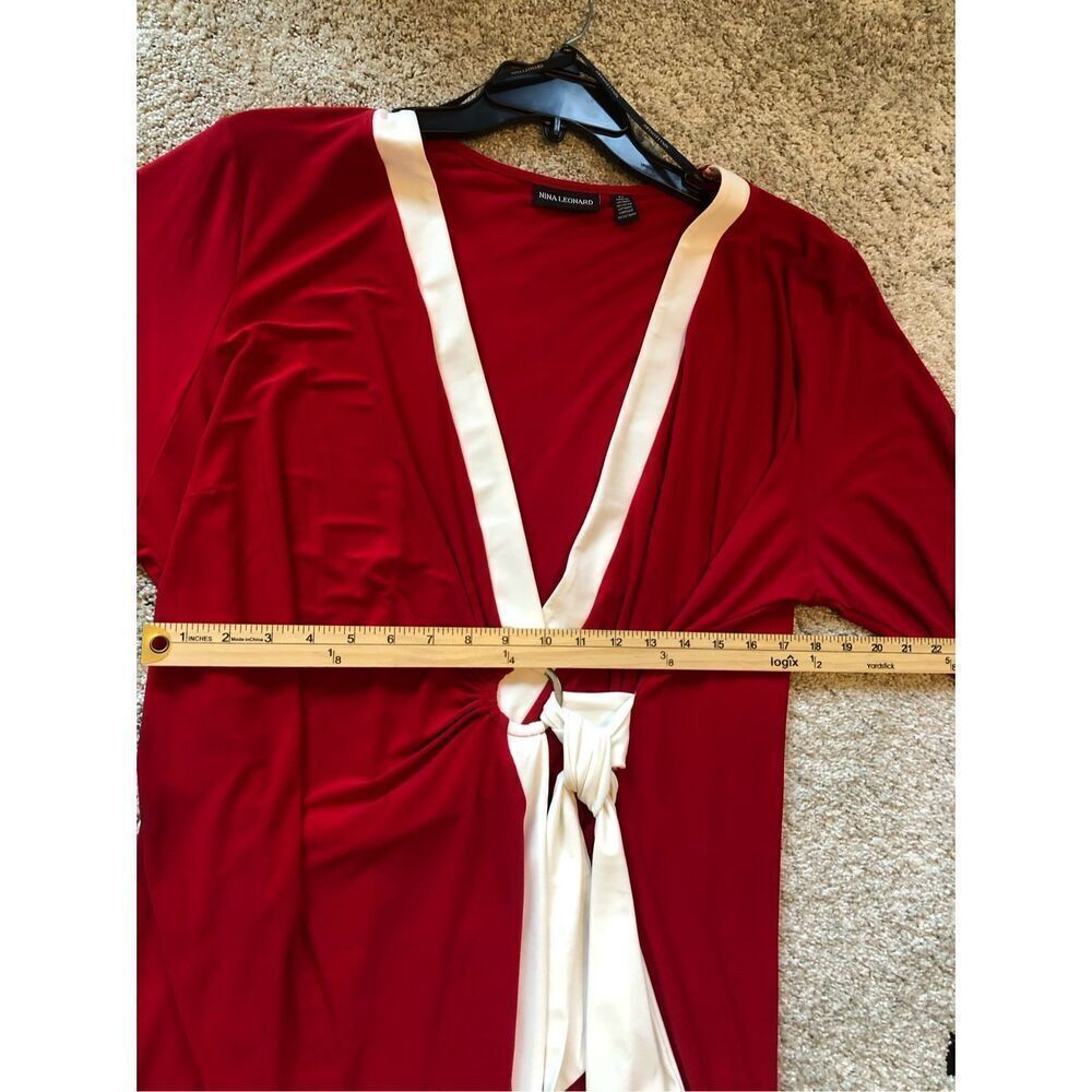 Nina Leonard Woman’s Red and White 3/4 Sleeve Wrap Style V Neck Dress Size 3X - Picture 9 of 10